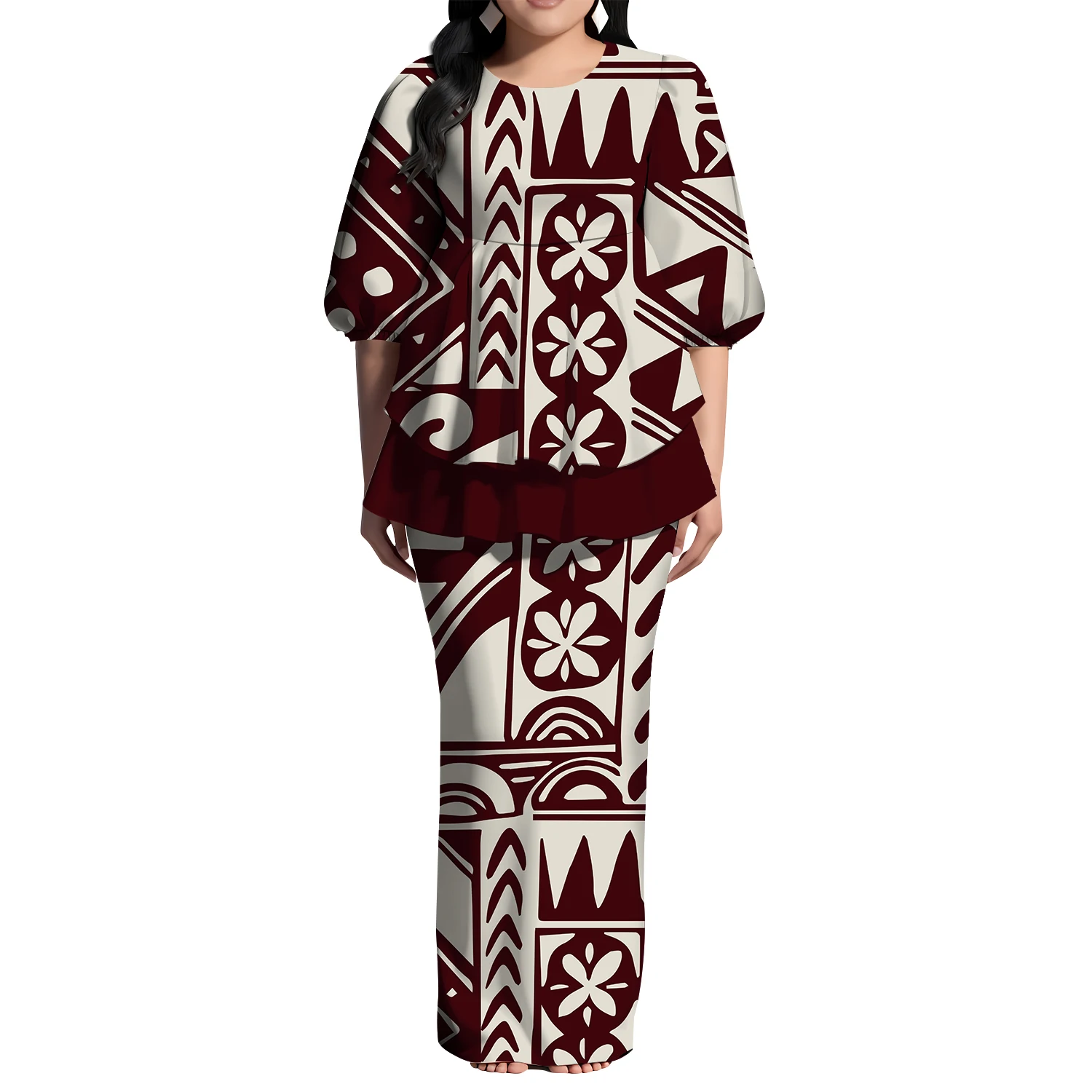 تصميم مجاني مخصص Lmage فستان نسائي صيفي متوسط الأكمام تنورة خلفية شق تصميم مرقع ذيل السمكة علوي بولينيزيا Puletasi #1