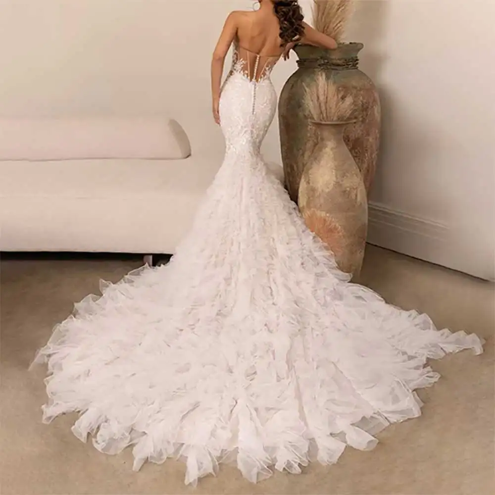 Sexy V-Neck Mermaid Wedding Dress with Lace Appliques and Spaghetti Straps - alternate angle