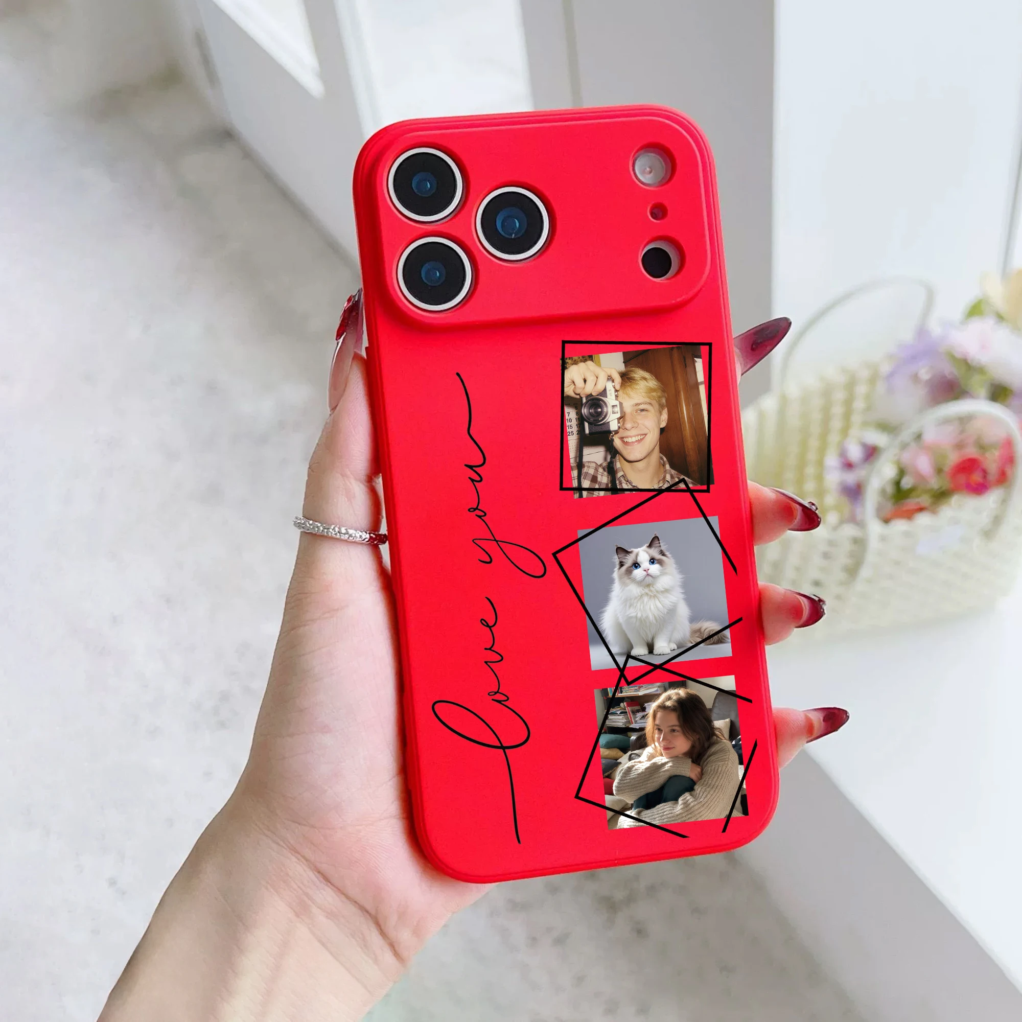 Op maat gemaakte hoes voor iPhone 17 16 15 14 13 12 11 Pro Max Plus Air met drie of vier foto's van familie, vrienden of koppels, van vloeibare siliconen gel.