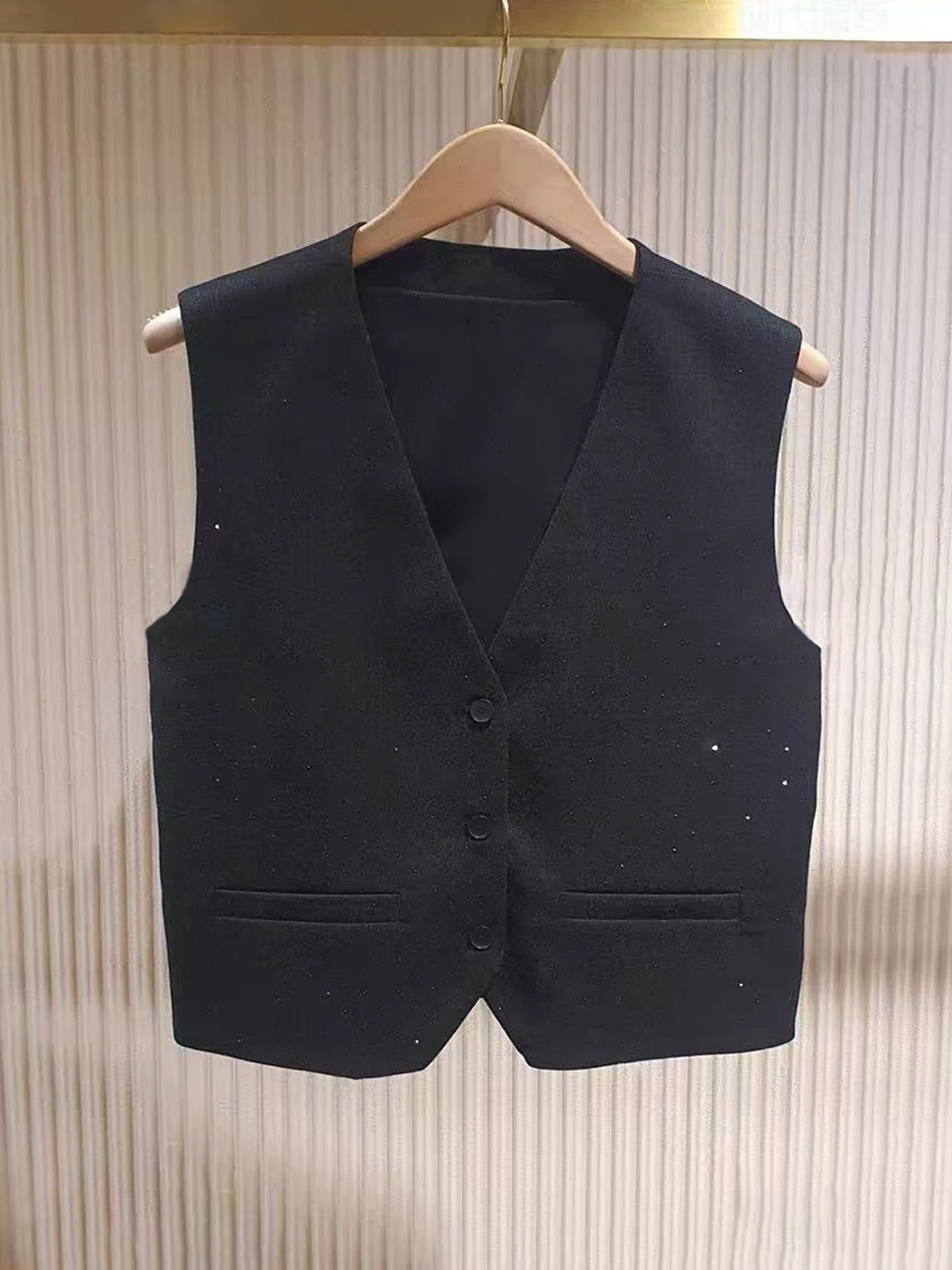 

Женский жилет Heavy Embellied V-Ne, сверкающий ромбовидный дизайн, модный для поездок на работу, длина с одной пуговицей