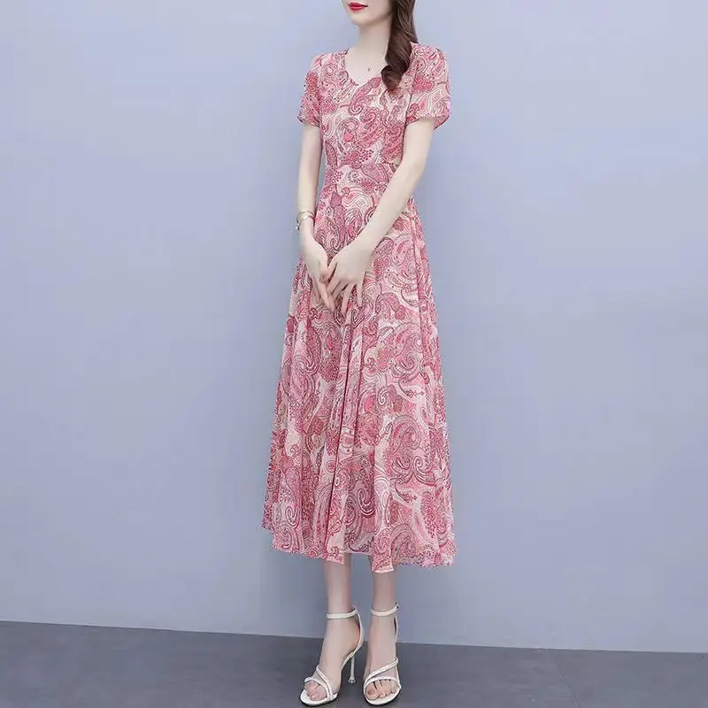 2023 New Summer Fashion Trend Commuting Simple and Elegant V-neck Printed Waist Covering Belly Temperament Women's Long Dress