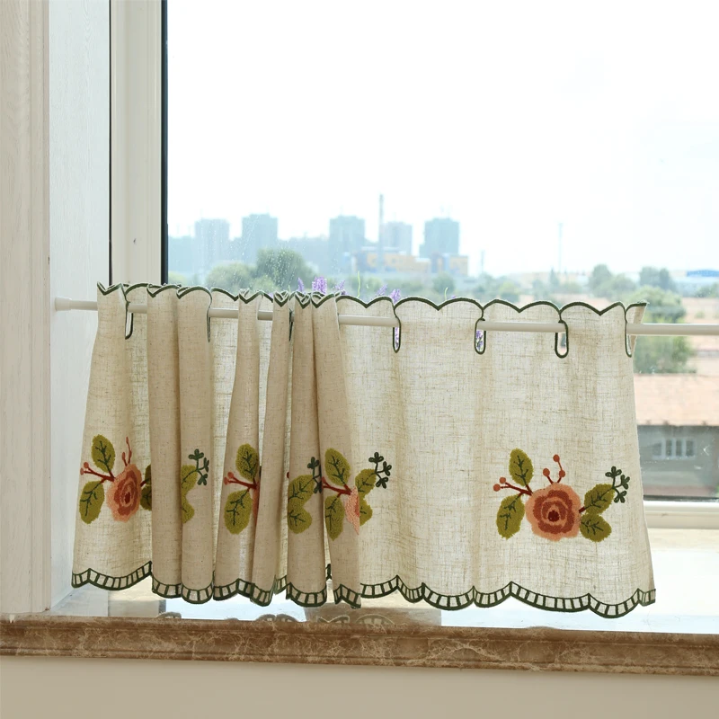 Cotton Linen Half Short Curtain for Living Room Embroidered Kitchen Bathroom Window Drilling Ready Made Small Window Drapes