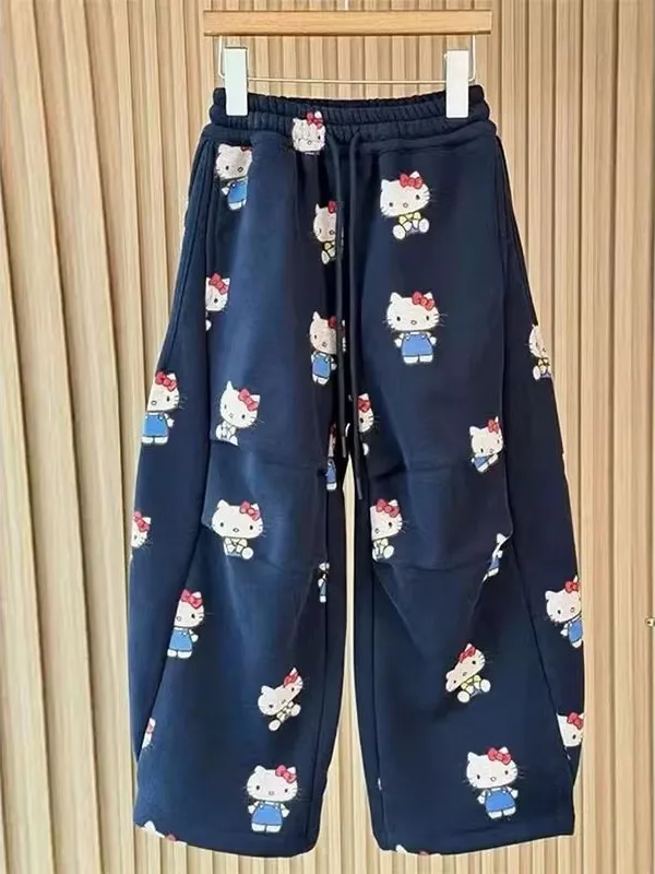 

plus Size Fce Lined Casual Wide Leg Pants Women's Loose KT Pattern Autumn Winter Comfortable All Match Long Sweatpants