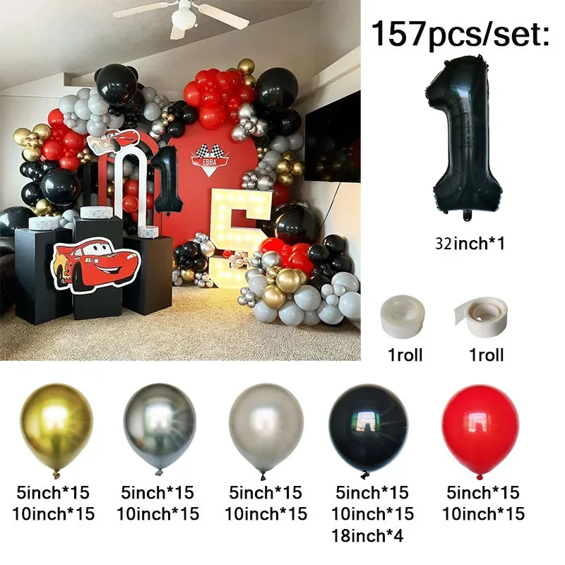 157pcs Disney Lightning McQueen Car Theme Balloon Set With Black Silver Exploding Stars Foil Balloon Boy Birthday Decoration