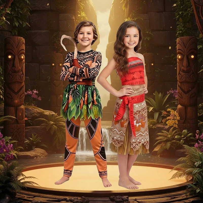 2026 Ocean Adventure Robe Moana pour fille et Vêtements Maui, Pantalon à motifs, Costume garçon, Tenues de cosplay pour enfant pour Halloween, Anniversaire et Carnaval