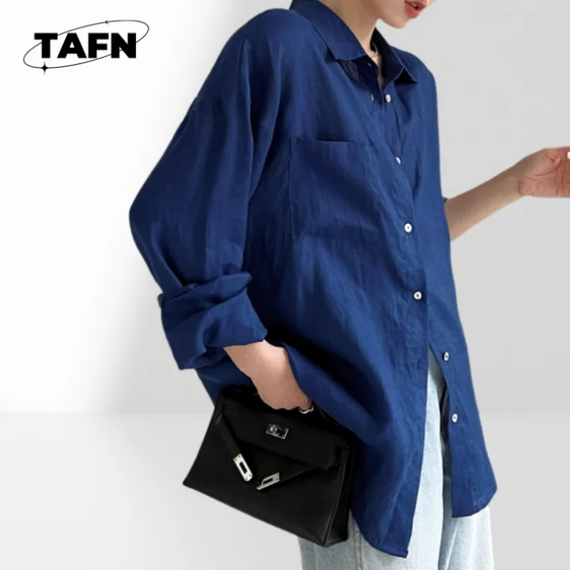 

Pocket Linen Shirt High Street Nice All-Match Fashion Women’s Solid Blouse Round Neck Casual Office Shirt AF2739