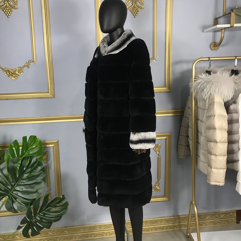 Cappotto di pelliccia di coniglio genuino stile lungo giacca da donna inverno nuova moda caldo colletto alla coreana cappotti spessi personalizzabili