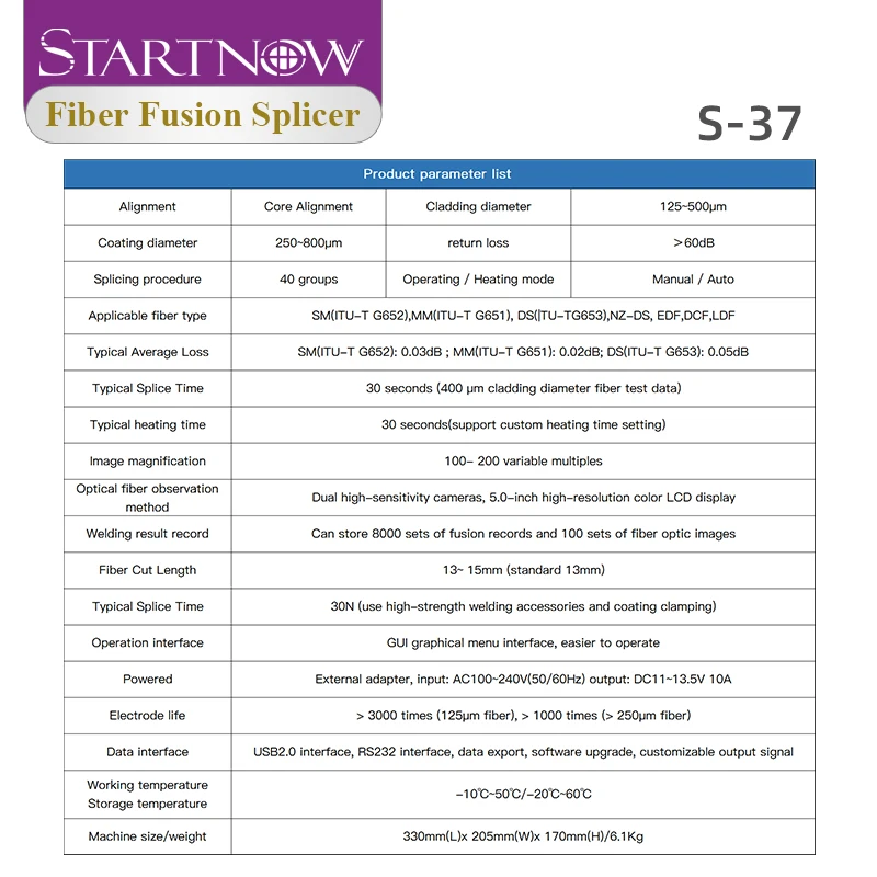 Startnow S-37 Optical Fiber Fusion Splicer Large Core Aperture 500um Welding Splicing Fiber Wire SM & MM Multi-Language System