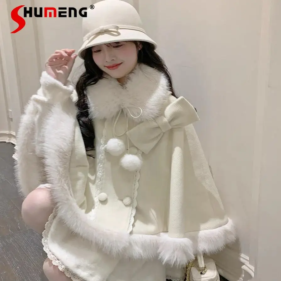 

Japanese Mine Style Elegant Sweet Lolita Cloak Plush Splicing Doll Collar Lace-up Double-breasted Versatile Capes Women Winter