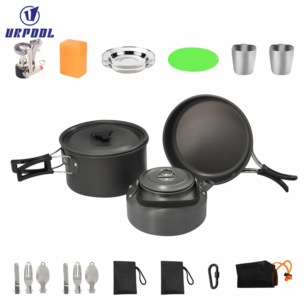 Olla de aleación de aluminio para acampar, juego de vajilla turística para senderismo, Picnic, con cuchara plegable, Mini estufa de Gas, utensilios de cocina para viajes de acampada al aire libre