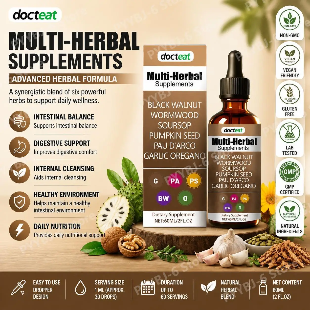 

Docteat Black Walnut Intestinal Balance Drops with Wormwood, Soursop, Pumpkin Seed, Pau D'Arco & Oregano Leaf Extracts 60 ML