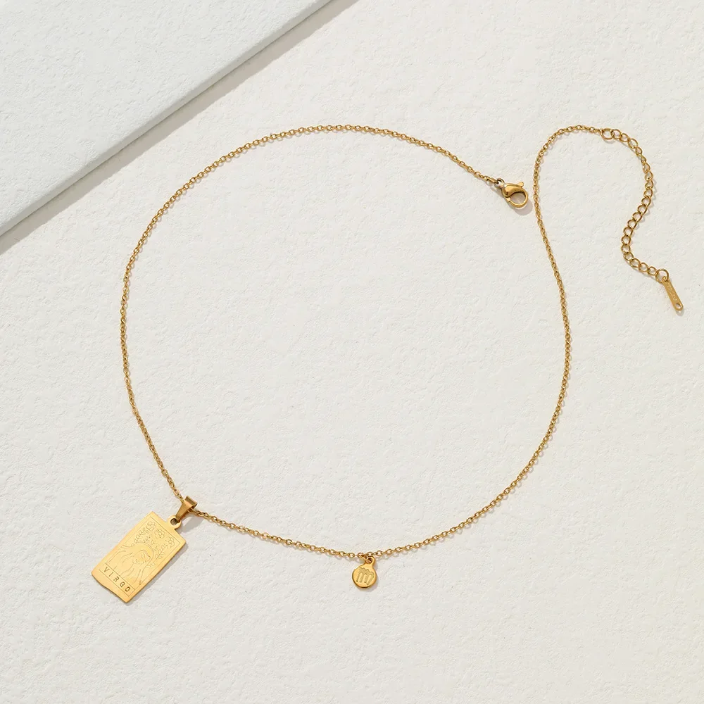 الفولاذ المقاوم للصدأ مربع بطاقة التارو قلادة المرأة قلادة اثني عشر الأبراج مطلية بالذهب سلسلة الترقوة ابراج الهدايا