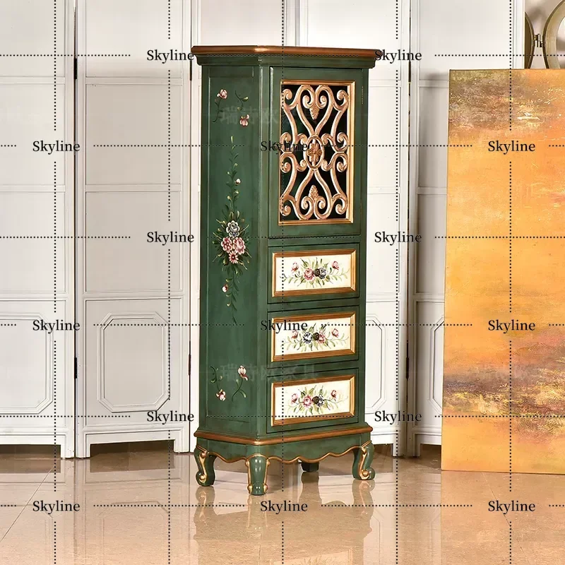 for American Solid Wood Dining Side Cabinet Living Room Large Capacity Red Wine Storage Retro Hollow Glass Door