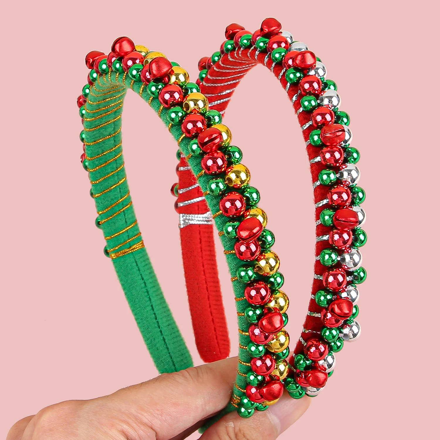 New Red Green Christmas Headband Women's Simple Thin Edges Flannel Jingling Bell Beaded Winding Holiday Hair Accessories