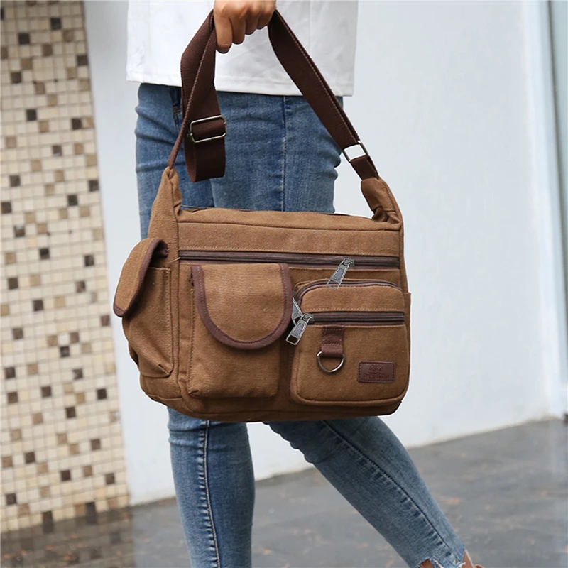 1PC Men Canvas Shoulder Bags Casual Tote Large Capacity Travel Men\'s Crossbody Bag Fashion Portable Handbag Large Satchel