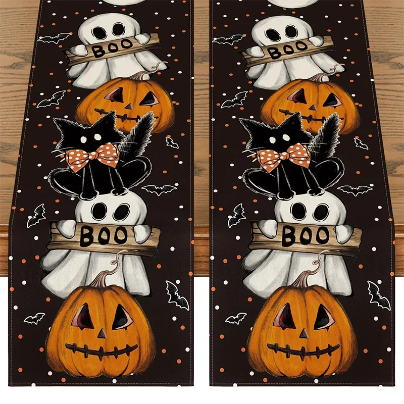 

33*120cm 1Pcs Ghost Pumpkin Cat Halloween Table Towel Bat Autumn Thanksgiving Kitchen Table Decoration Home Party Decorations