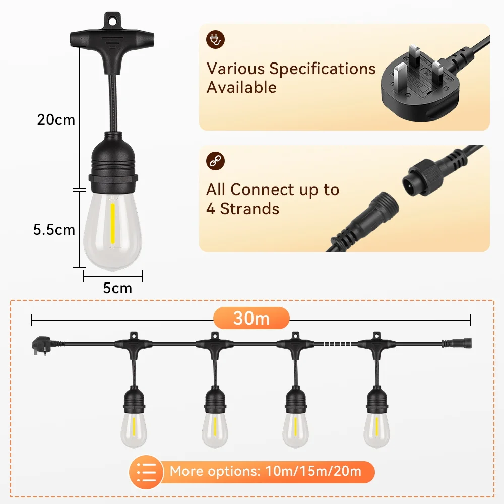 E27 Outdoor String Lights LED Bulbs UK/US Plug Waterproof Retro Bulb For Garden Decoration 10/015/20/30M String Lights