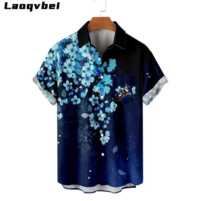 

2023 Fashion Blue Flower Print Pattern Shirt Casual Hawaiian Shirt Man Street Short Sleeve Top Loose Shirt for Men Plus Size 4XL