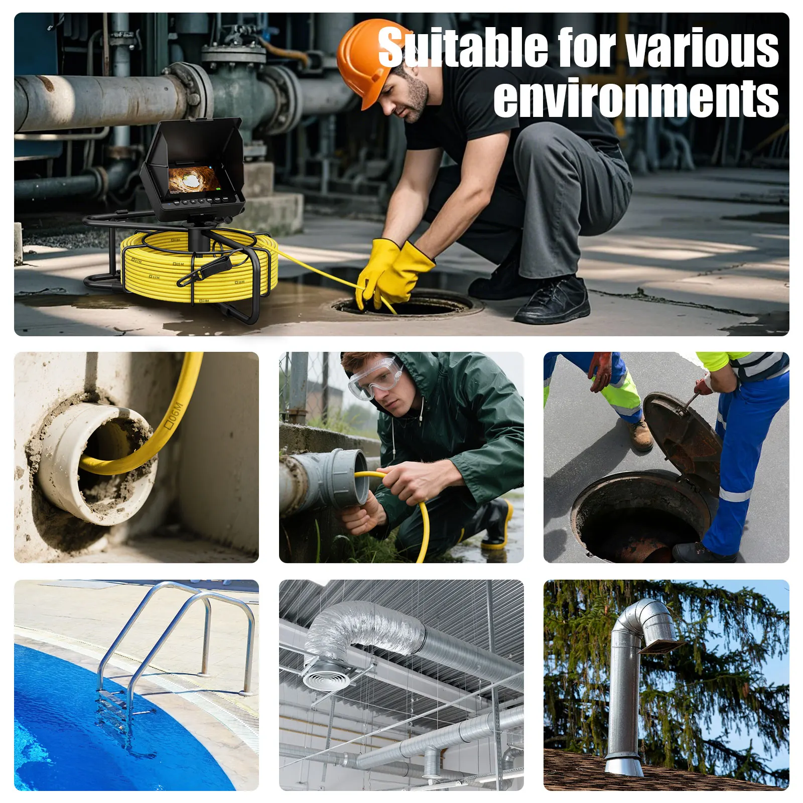 GAMWATER Esgoto Boroscópio 4.3 Polegadas HD 1200TVL 16GB DVR IP68 À Prova D 'Água 8500mAH Câmera Endoscópio de Inspeção de Tubos com 5mm 10/20/30M