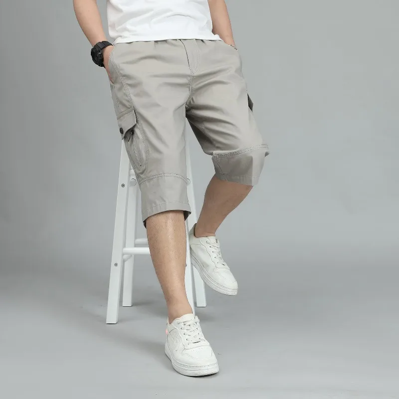 Roupa esportiva casual de cintura alta masculina, calça solta, bolsos sólidos, botão elástico, zíper, estilo formal, verão