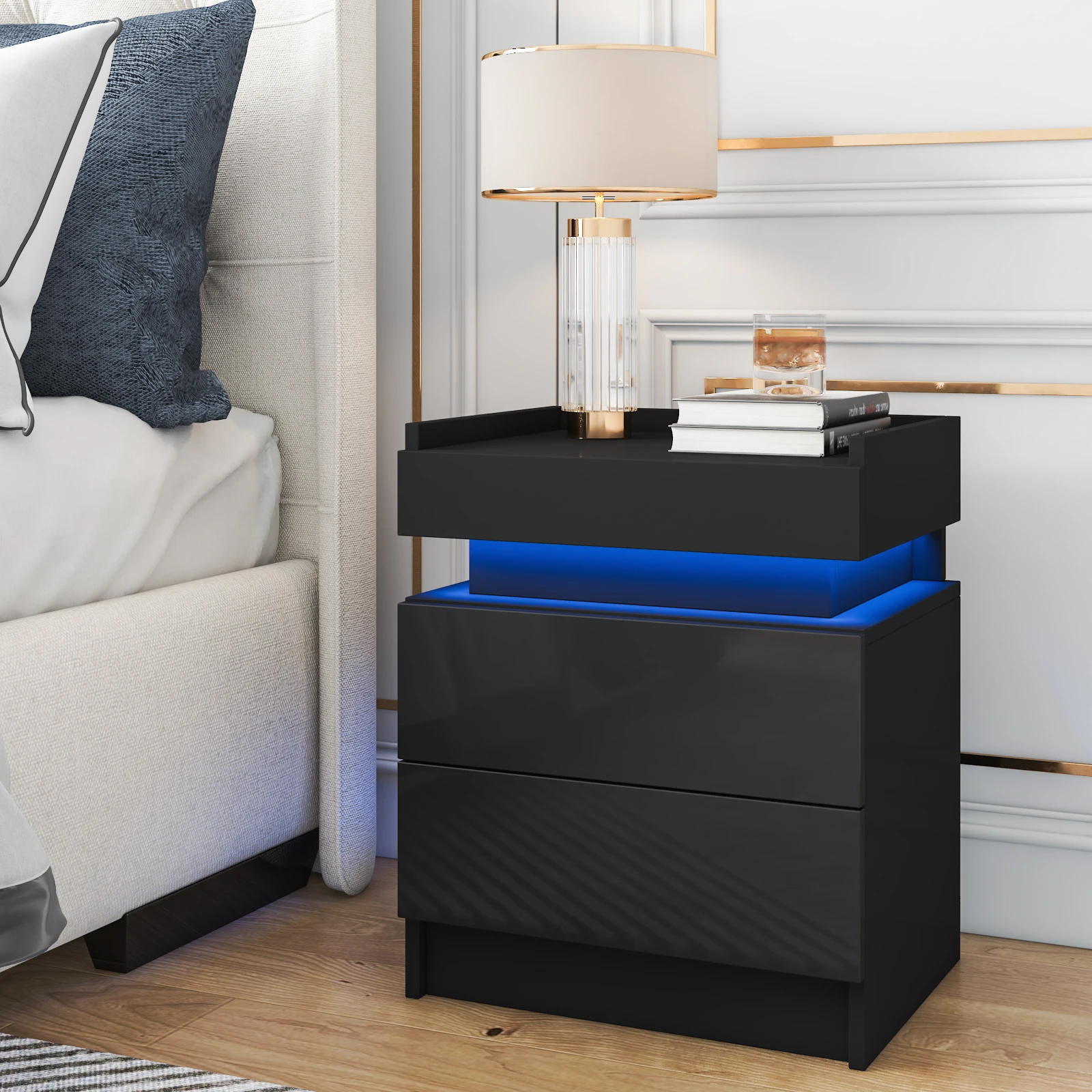 Smart Nightstand with LED Lights 2 Drawers Modern Minimalism Bedroom Bedside Table Sideboard with USB Charging Cabinet Storage