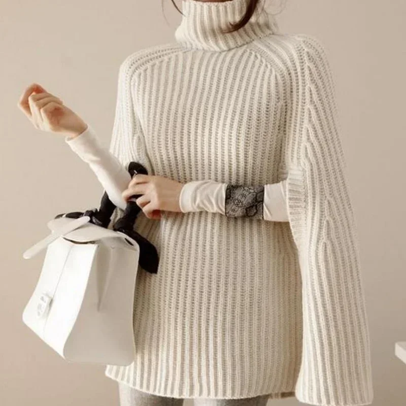 Autumn Winter Turtleneck Sweater Split Collar High Collar Cape Casual Jumper Cloak Poncho Women Elegant Knitted Pullovers Black