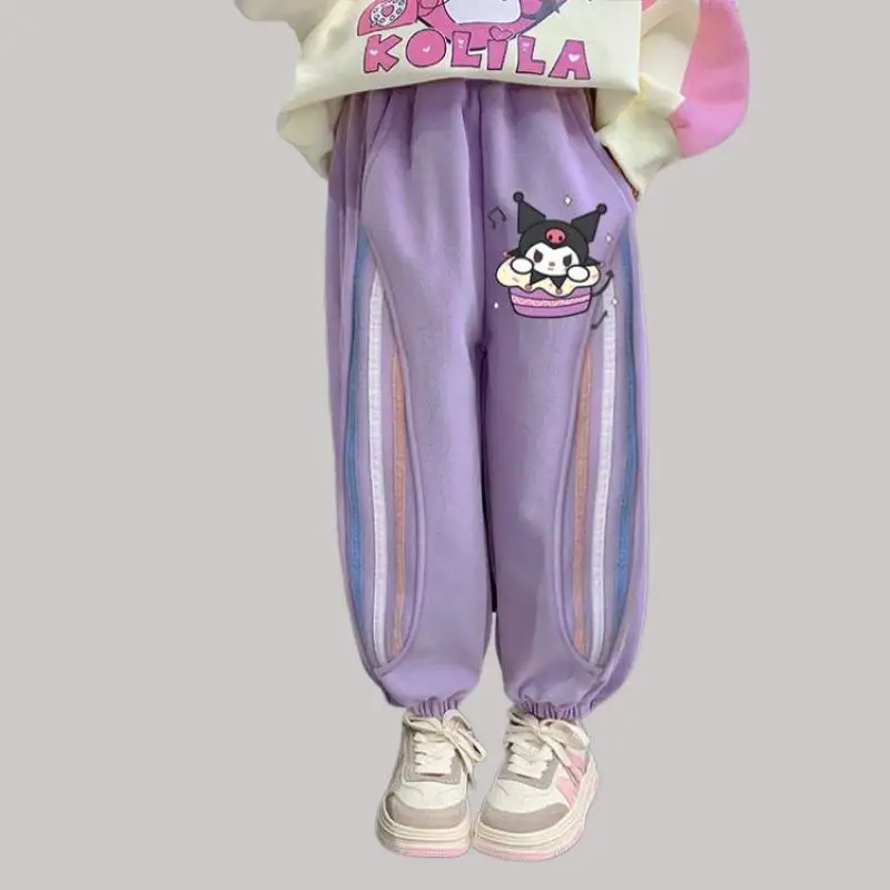 Sanrio Casual Pants Kuromi Girl Hello Kitty Kuromi Add Velvet Sweatpants Children Winter Integrated Velvet Sports Pants Cartoon