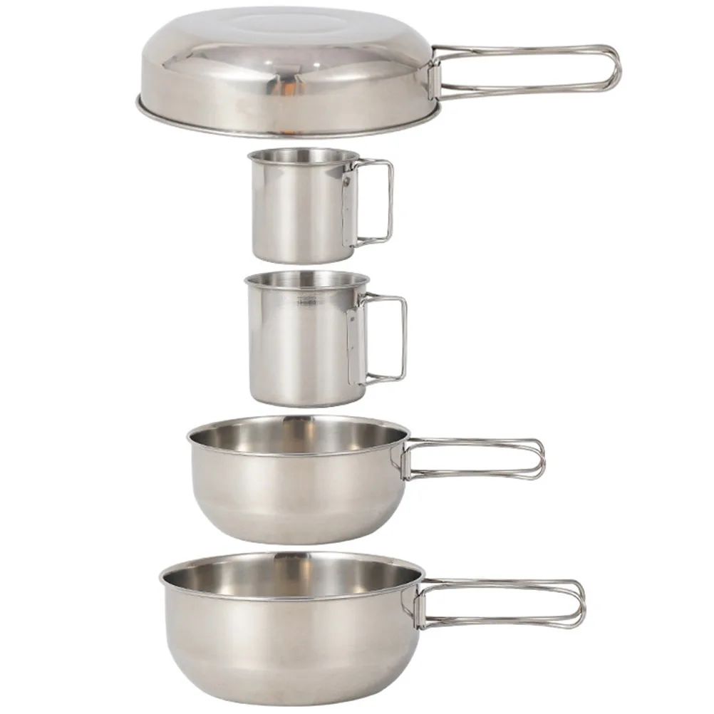 

5pcs Stainless Steel Cup Pot Set Camping Tableware For Picnic Hiking Bbq Mountaineering Outdoor Cooking Tool Travel Utensils