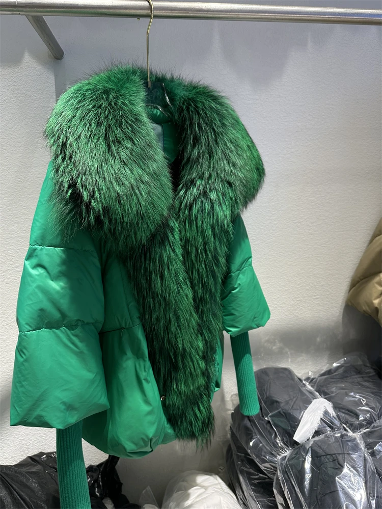 OFTBUY New Duck Down Jacket Winter Coat Women Super Large Real Silver Fox Fur Collar Jacket Knit Sleeve Fashion Luxury Outerwear