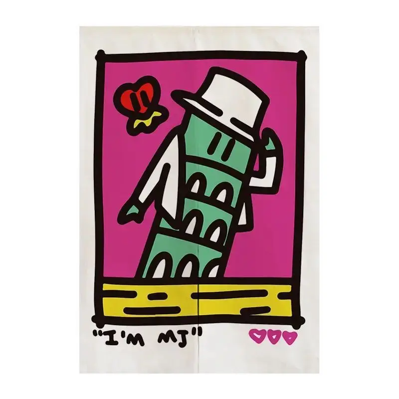 Fun Pizza Leaning Tower Door Curtain Trendy Graffiti Cartoon Punch Free Entrance Bedroom Privacy Partition Curtain