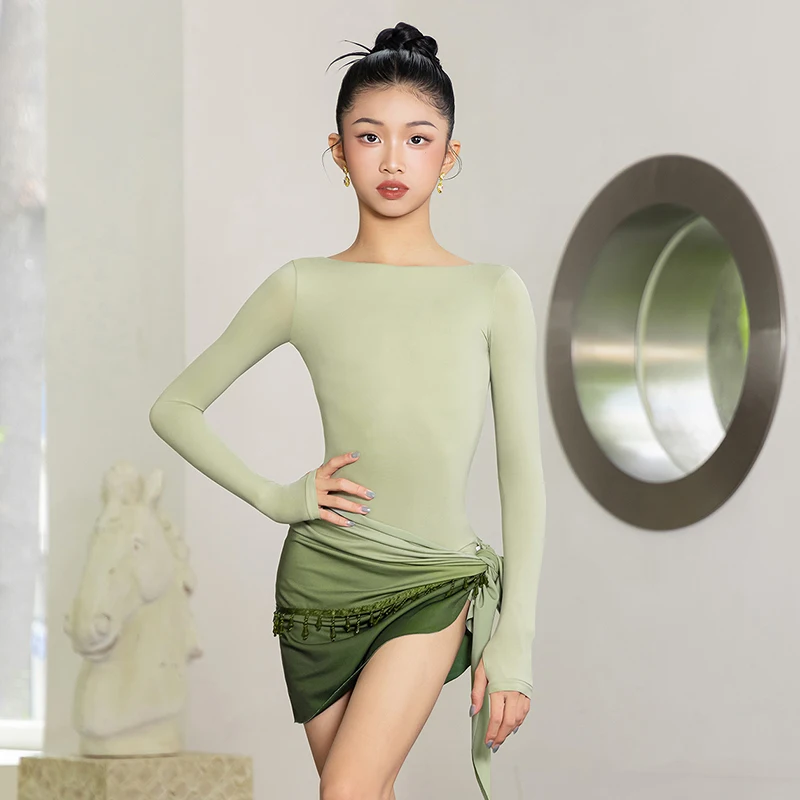Vestido latino 2025 nueva ropa de actuación para niñas traje de baile verde de manga larga chico Rumba Tango traje de escenario ropa de práctica VBH2028