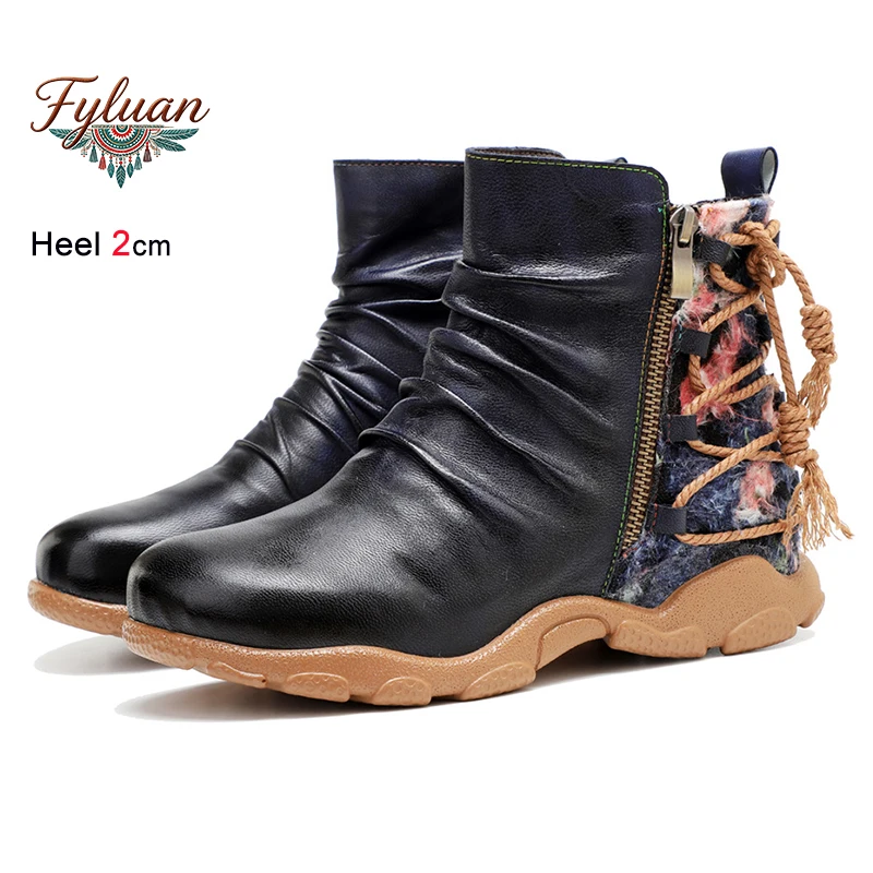 Fall Winter Retro Hand Painted Women's Short Boots Flats Thick Heels 2cm Pleated Lace Up Side Zipper Ladies Pumps Bohemian Shoes