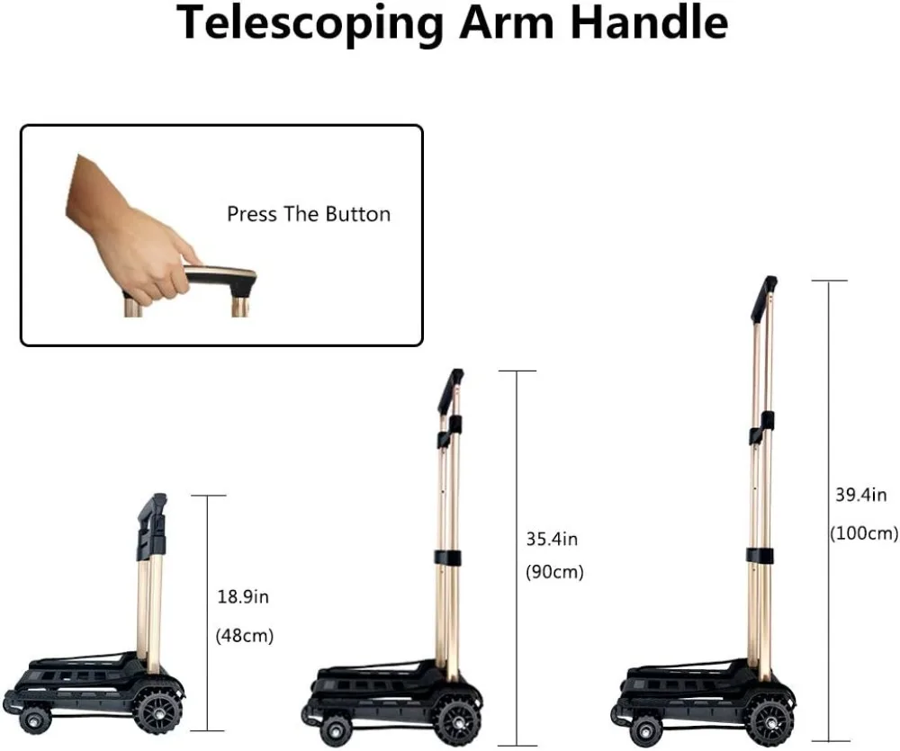 Carrello a mano pieghevole carrello portabagagli compatto portatile Heavy Duty 4 ruote maniglia regolabile per costruzione solida