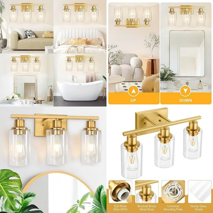 

Gold Bathroom Wall Lights Vanity Light Fixtures Modern Wall Sconces with Clear Glass Shade, Bathroom Wall Lamp for Mirror Kitch