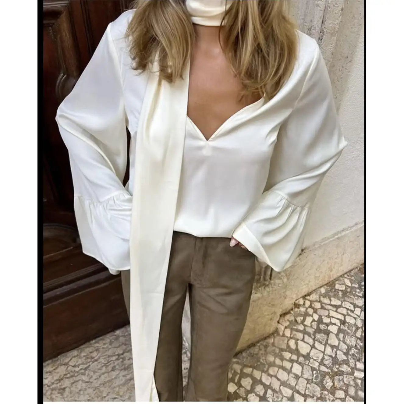 Slimming High Waist Straight Leg Micro Flared Long Pants Women's PU Leather Basic Sle Simple Design Autumn Faion Trend