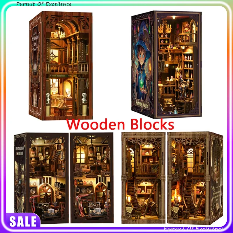 

Hot Seller Diy Book Nook Shelf Insert Kits Wooden Miniature Model Kit Cyberrpunk Bookend Assembled Bookshelf Home Decor Boxed