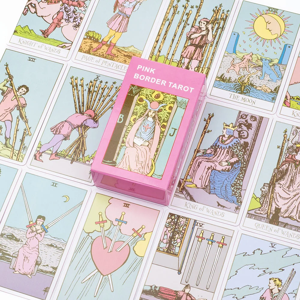 Pink Border Tarot Card Deck with Guidebook 78Pcs English Version Family Gathering Divination Deck Board Game Cards 10.3*6cm