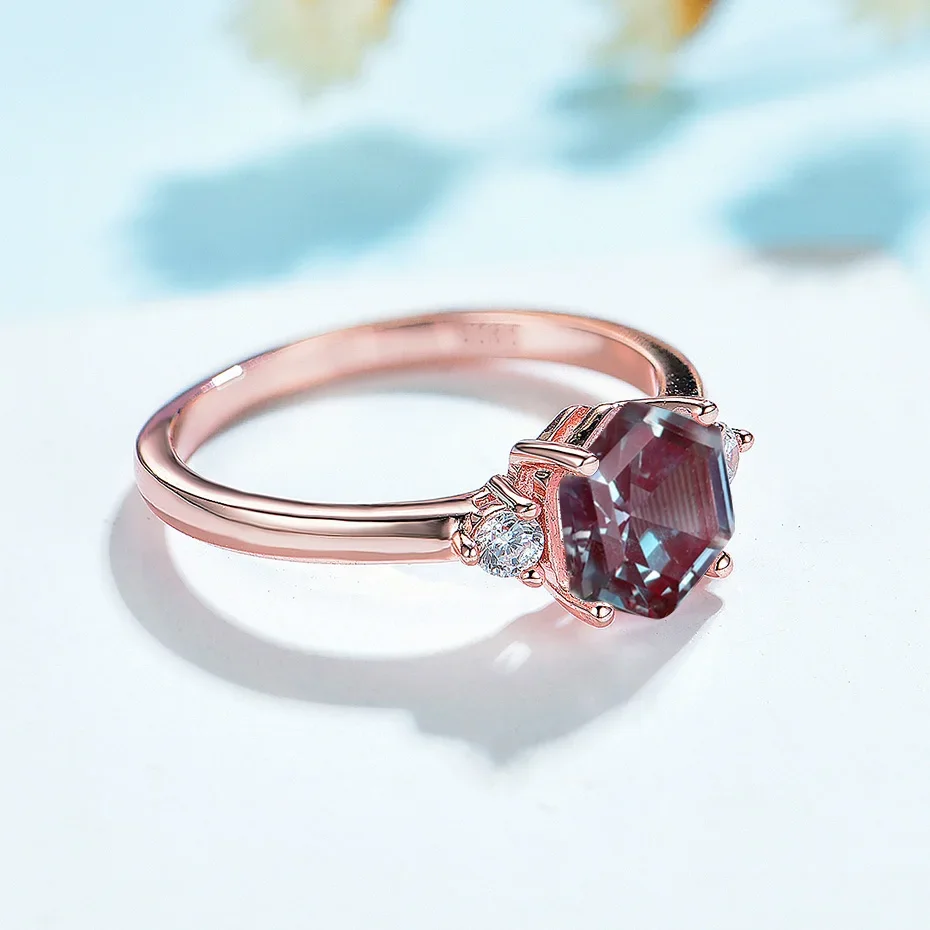 Kuololit 2CT lab grown Alexandrite Gemstone Ring for Women 925 Sterling Silver 585 rose gold hexagon Luxury Ring Fine jewerely