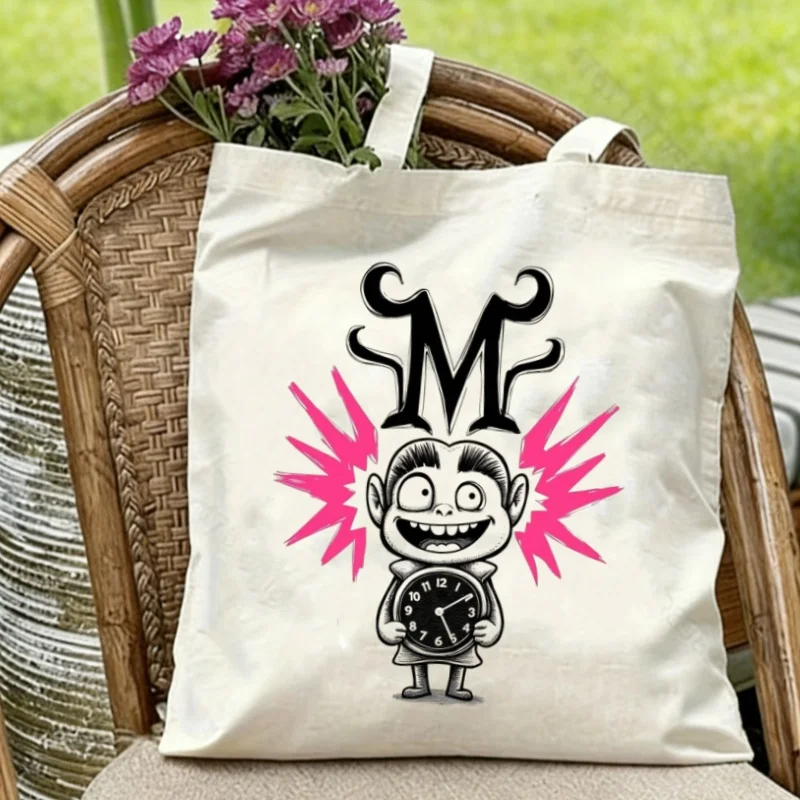 

1PC Retro Cartoon Monster M Canvas Tote Bag Pink Accent Eco-friendly Reusable Shoulder Bag