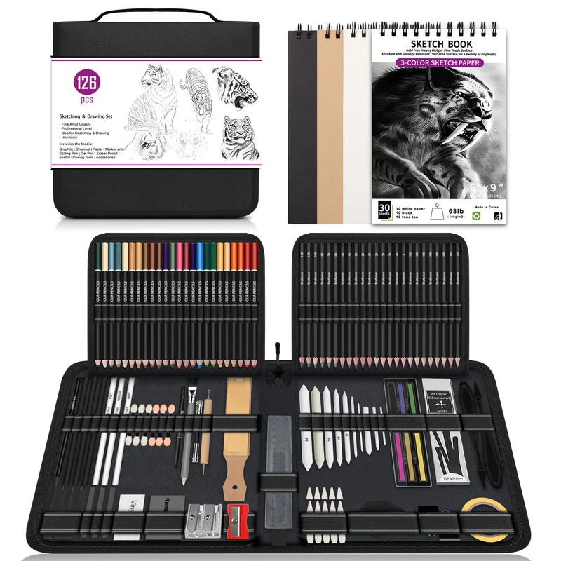 126-piece-sketch-pencil-art-set-with-3-color-sketchbookgraphite-pencilscharcoal-pencilsblending-tools-and-drawing-accessories