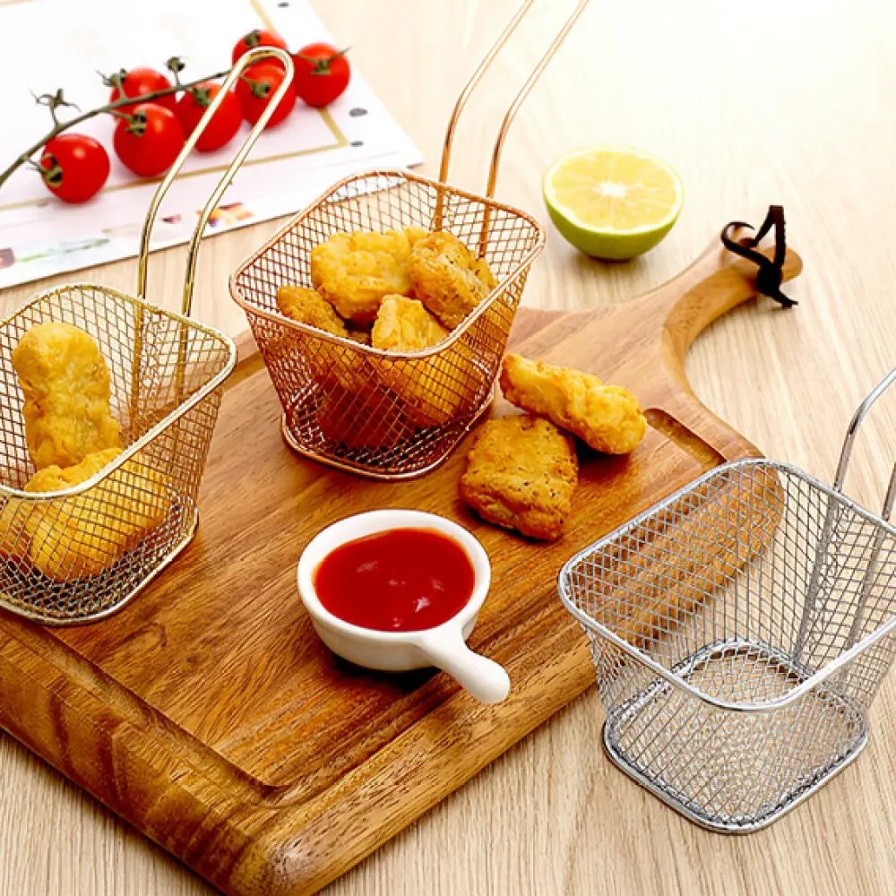 Decorative Mini Square Fry Basket Rose Gold Metal Net Container For Party Snack Catering Restaurant Food Service