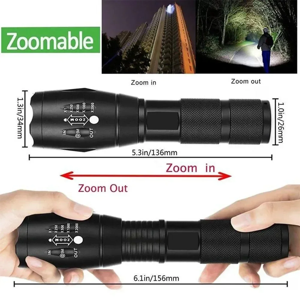 Powerful T6 LED Flashlights Camping Torch 5 Light Modes Zoom Light Aluminum Alloys Waterproof Material External 18650 Battery