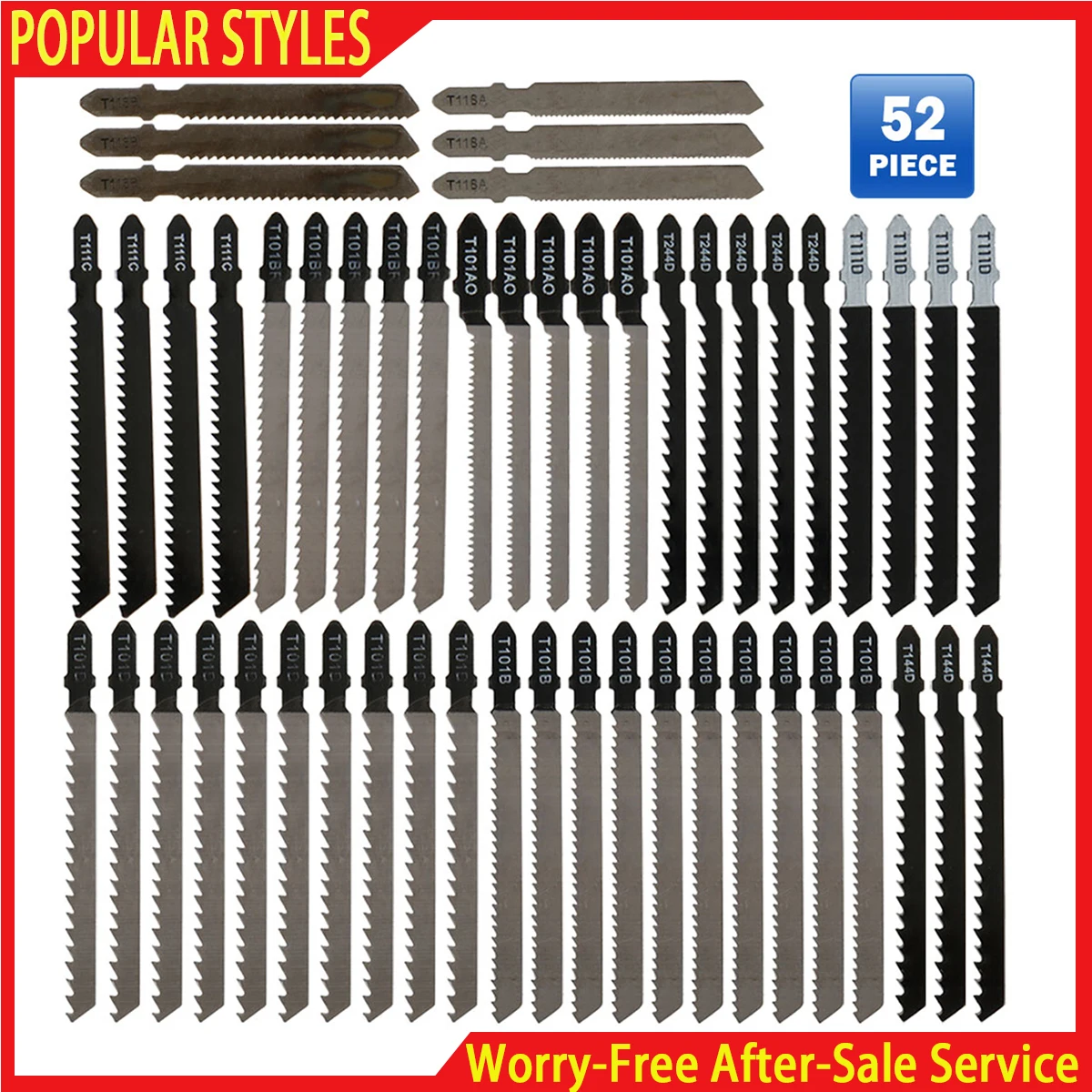 52 Pcs Jig Saw Blade Set HCS T Shape Handle Sharp Fast Cutting Suitable for Wood Metal Plastic Metal Cutting