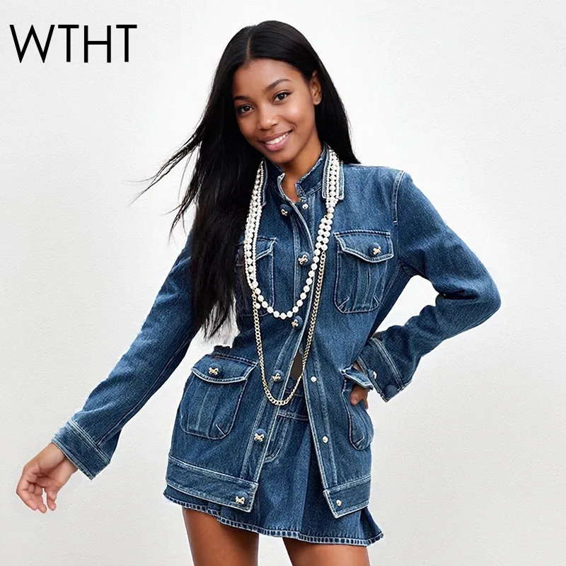 

WTHT модная женская джинсовая куртка с жемчужной цепочкой и несколькими карманами, воротник-стойка, пальто с длинными рукавами, женское 1LS2677