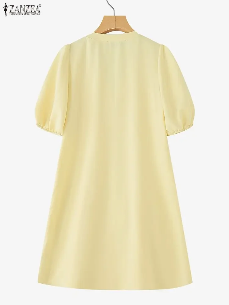 2025 ZANZEA Abiti estivi da donna Mini vestito estivo sexy Moda manica corta a sbuffo Bottoni con scollo a V Abiti corti a pieghe oversize