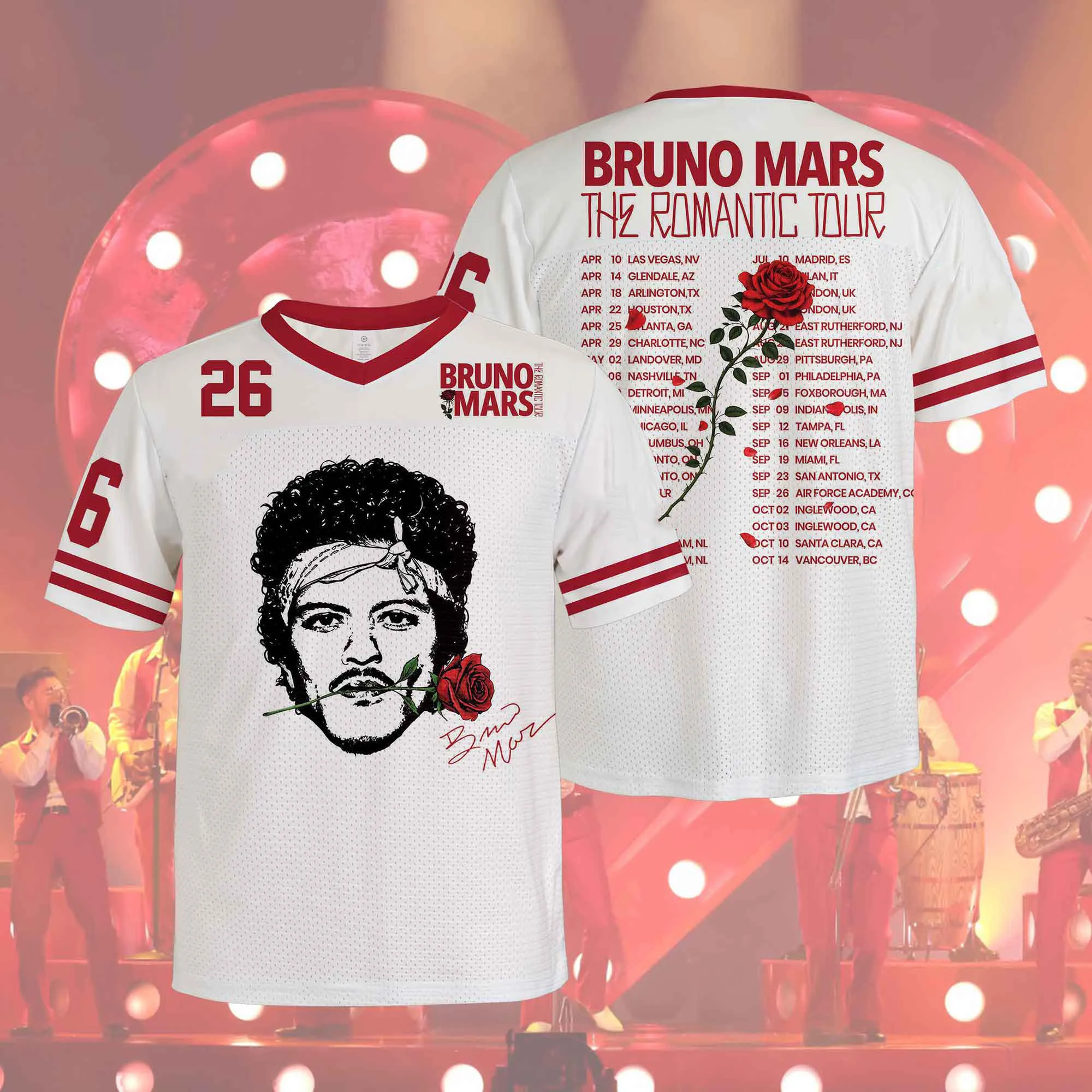 Camiseta de Fútbol con Cuello en V de Bruno Mars The Romantic Tour 2026, Diseño Retro con Retrato de Rosa, Unisex, para Adultos y Niños