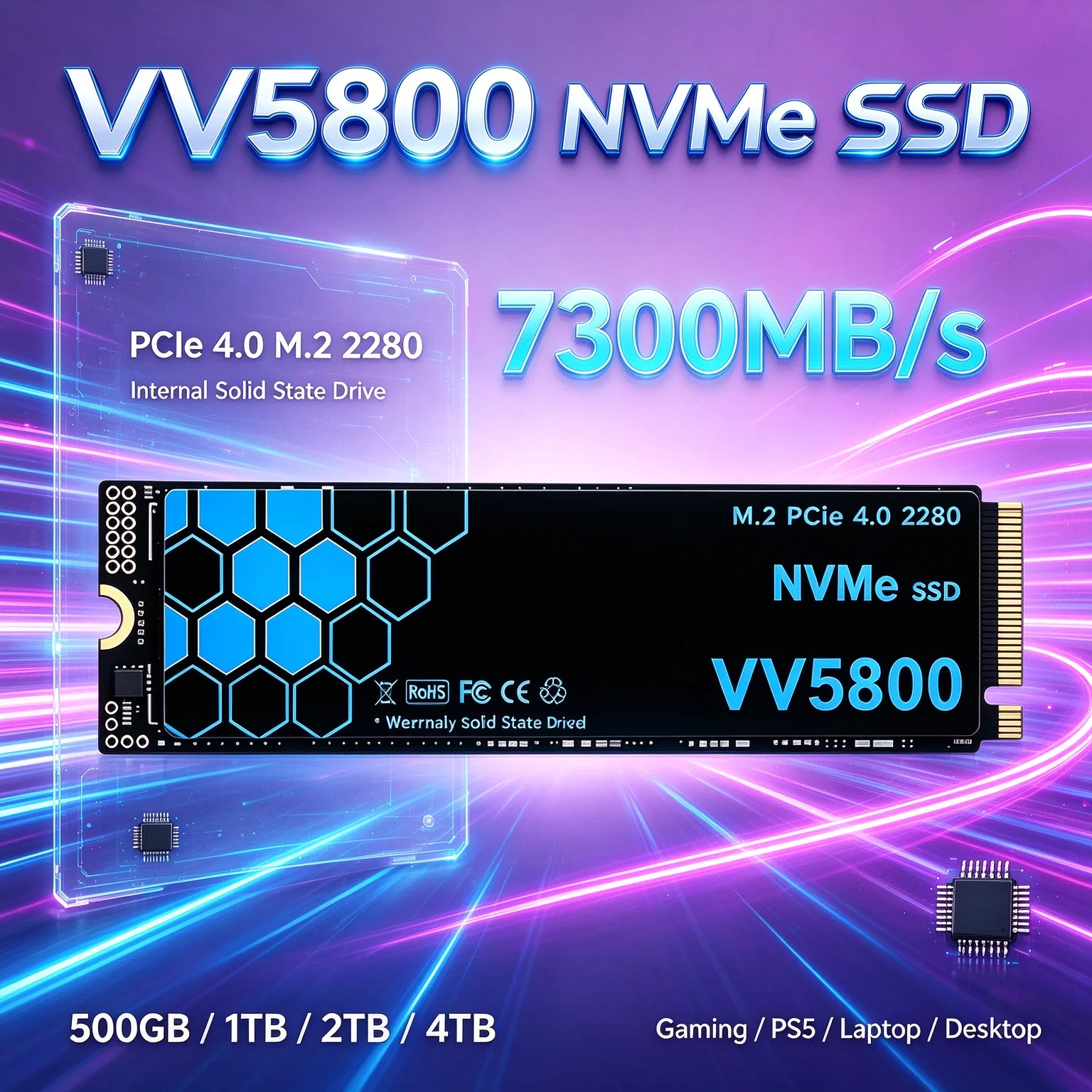 PS5 Desktop Laptop PCIe 4.0 High Speed VV5800 NVMe SSD Enjoy Smoother Gameplay 7300MB/s PCIe 4.0 M.2 2280 Internal Drive