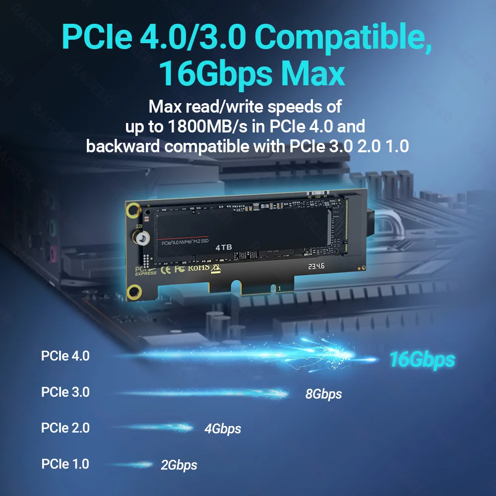 RAGEER PCIE to NVMe X1 Adapter Card, PCI Express 4.0/3.0 16Gbps to M.2 2280/60/42/30 SSD Converter with Metal Profile Bracket