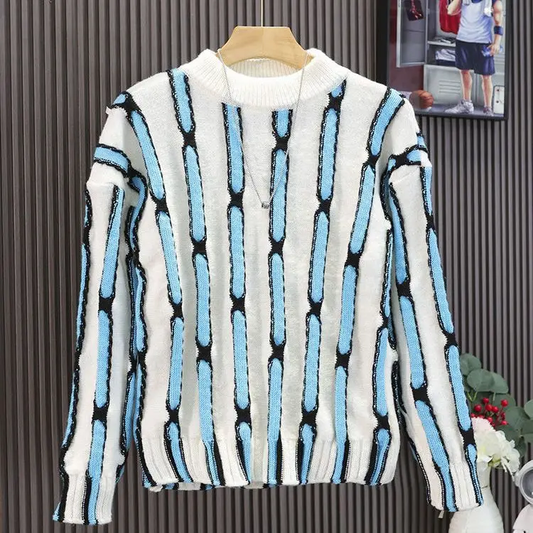 

Fashionable Round Neck Color-blocking Long-sleeved Sweater for Men Loose Knitted Fashion Casual Versatile Top