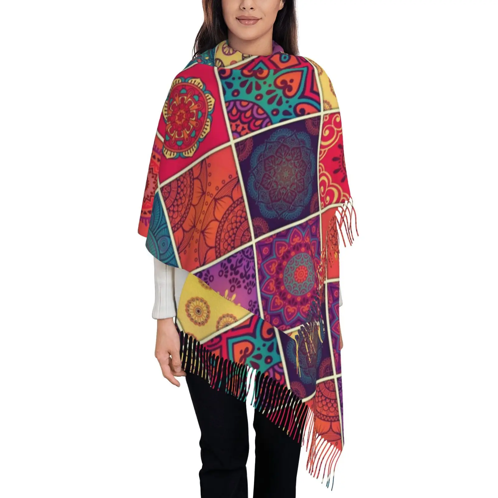 Boho Patchwork Geometric Print Tassel Scarf for Women, Soft Thick Winter Warm Shawl Wrap for Daily & Party Wear
